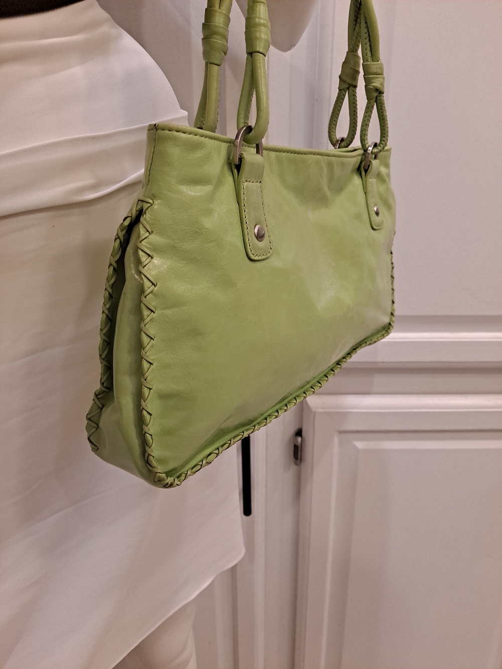 Sigrid Olsen Light Green Leather Braided Handles Stitched Vtg Y2k Vibrant Liner - Picture 9 of 16